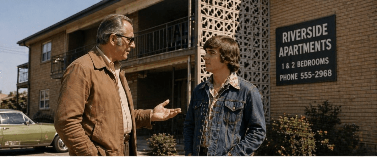 Un administrador de propiedades saludando a un residente afuera de un edificio de apartamentos — el tipo de relación que inspiró a EntryCore.